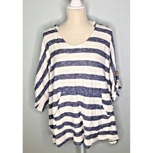 Misia Curvy Hoodie Women 2X Blue White Striped Roll Tab Sleeve RT1712X Slub Knit